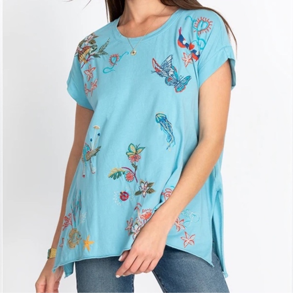 Johnny Was Zoe Relaxed Drape Tee Marine Blue SZ S